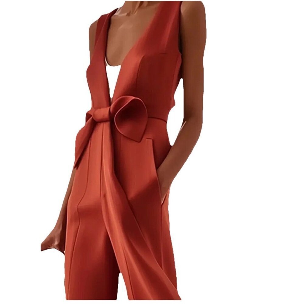 Fehaute Flare Leg Rust Orange  Bow Jumpsuit Size 8